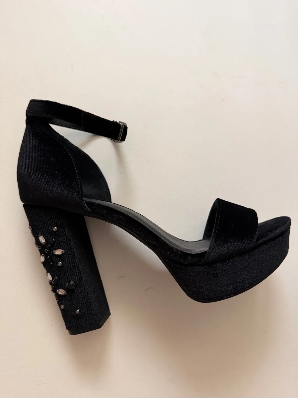 Simply VW Velvet Platform Block Heels with Jewel Accents